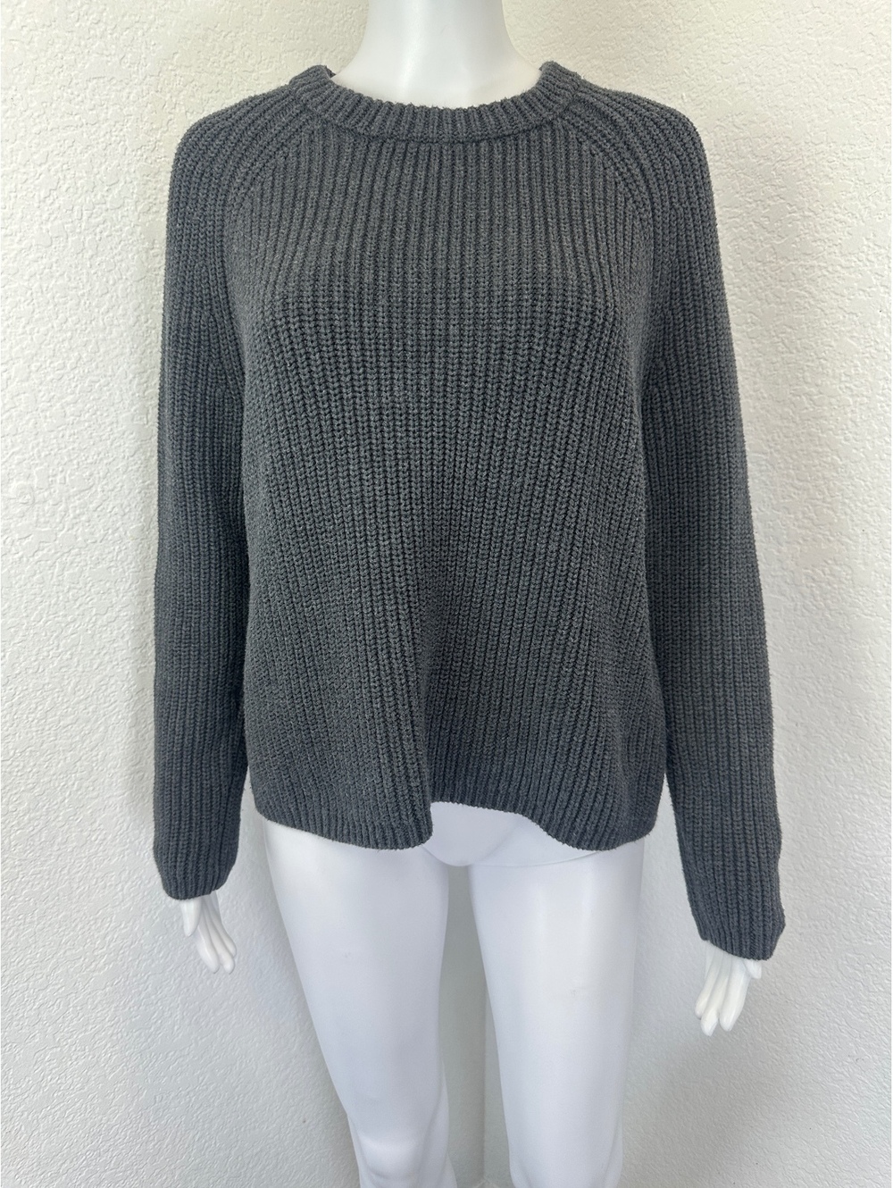 Women’s Sz L Quince Gray Chunky Sweater Organic Cotton Fisherman Crew Neck Cozy